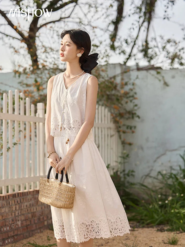 MISHOW 2 Pieces Set Woman Embroidery V-neck Hollow Lace Up Sleeveless Top Summer 2025 Slim Elastic Waist Skirt Set MXE33T0593