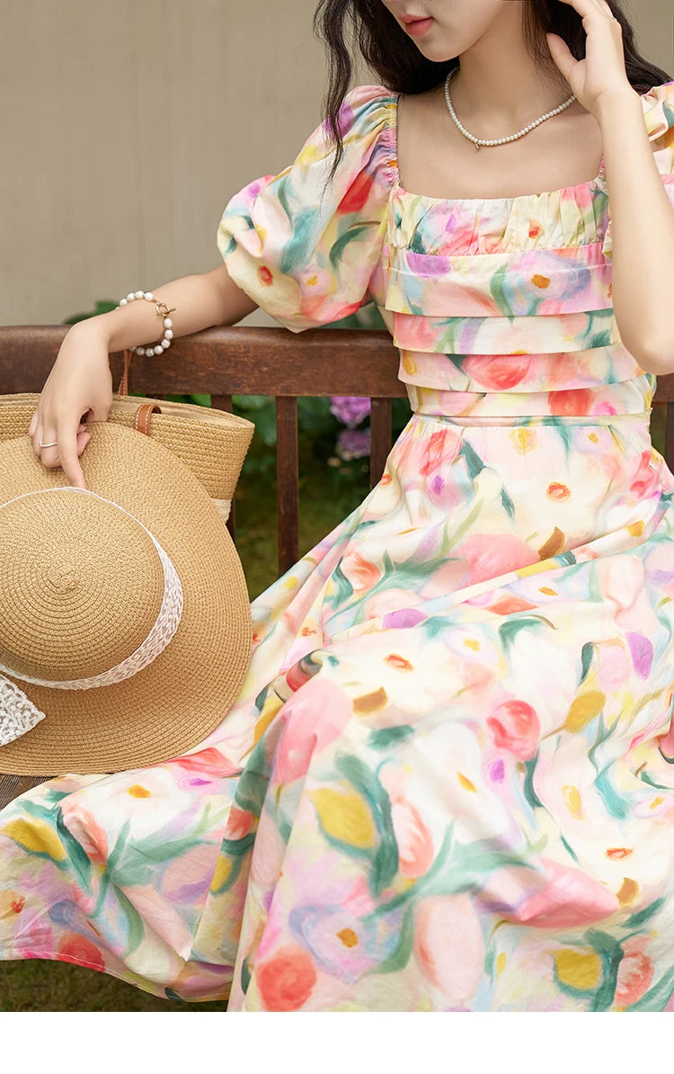 MISHOW French Tulip Fragmented Flower Dresses for Women 2024 Summer Beach Vacation Puff Sleeve Sweet Elegant Dresses MXD28L1896