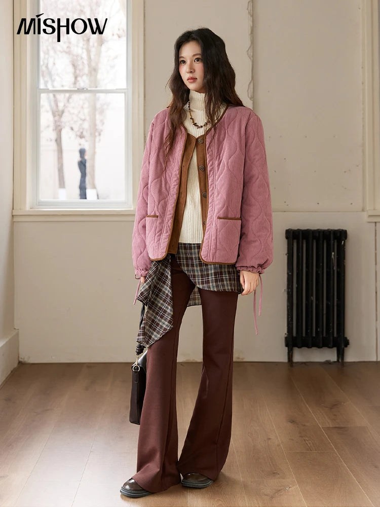 MISHOW Pink Purple Corduroy Jacket Women 2025 Winter Retro Gourd Pattern Pleated Cotton Splicing Suede Jacket Top MXE88W0882