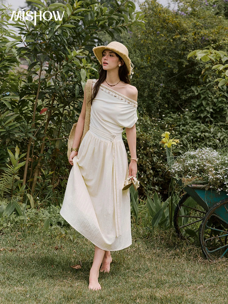 MISHOW Holiday Summer Dresses Women 2025 New Short Sleeve Shell Webbing Oblique Collar Slim Midi Dress Female Fashion MXE31L2189