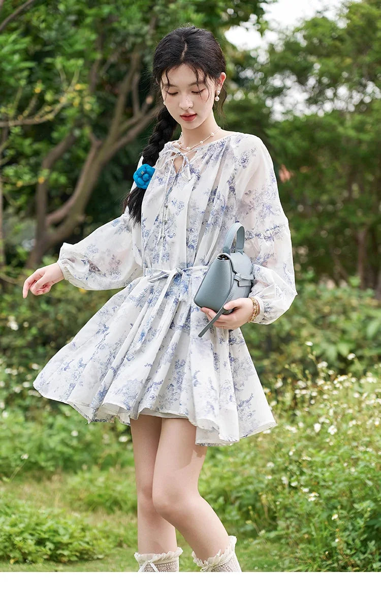 MISHOW Fairy Temperament Floral Puff Sleeved Chiffon Dress Spring Summer 2025 Lace-up O Neck Waist Knee-Length Dress MXD14L1681