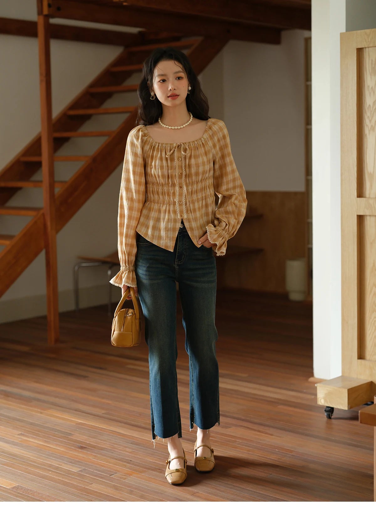 MISHOW Yellow Plaid Blouse for Women 2025 Autumn Korean Waist Square Neck Top Cuff Patchwork Lace Puff Sleeve Blouses MXE43X1986