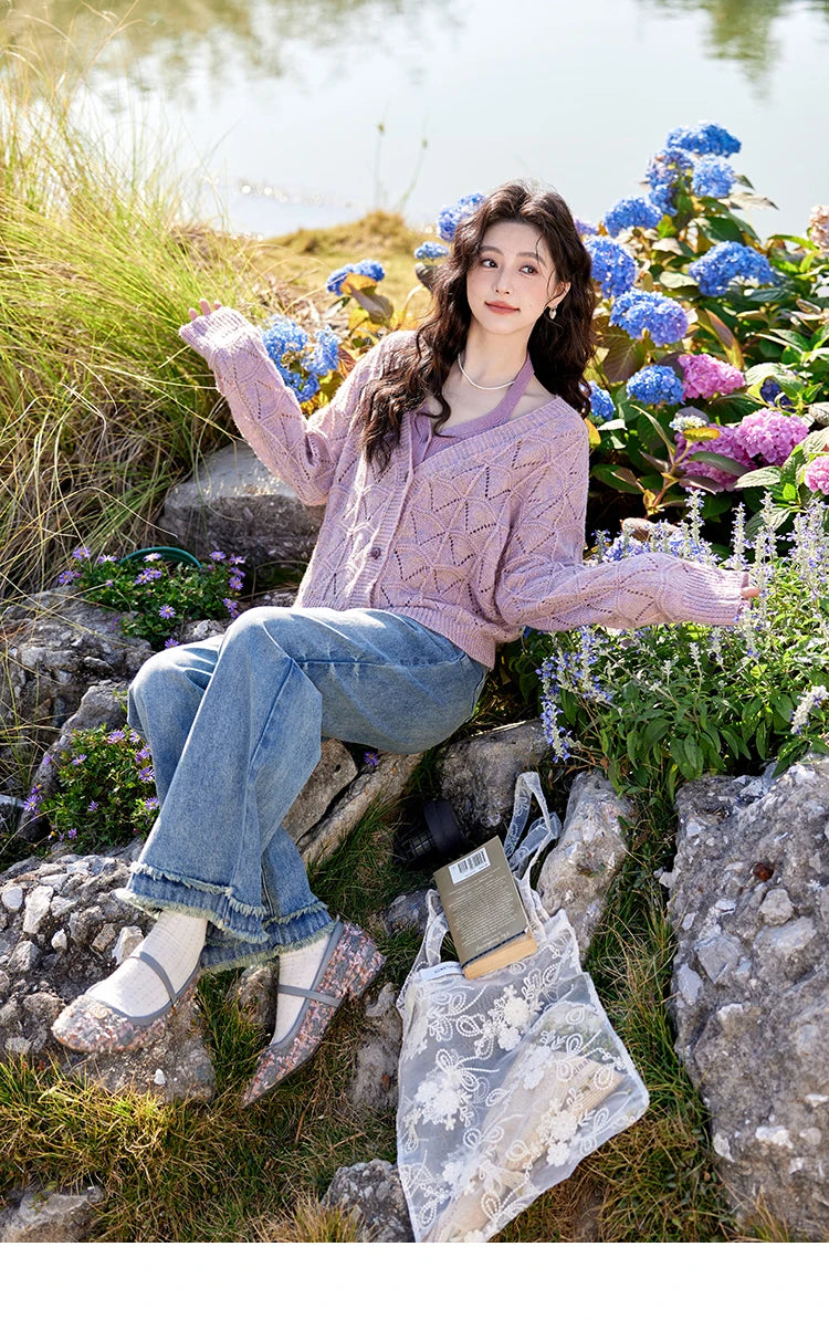 MISHOW French Knit Cardigan Women Separately 2025 Spring New Korean Casual Diamond Plaid Sweet V Neck Hollow Sweater MXE11Z1198