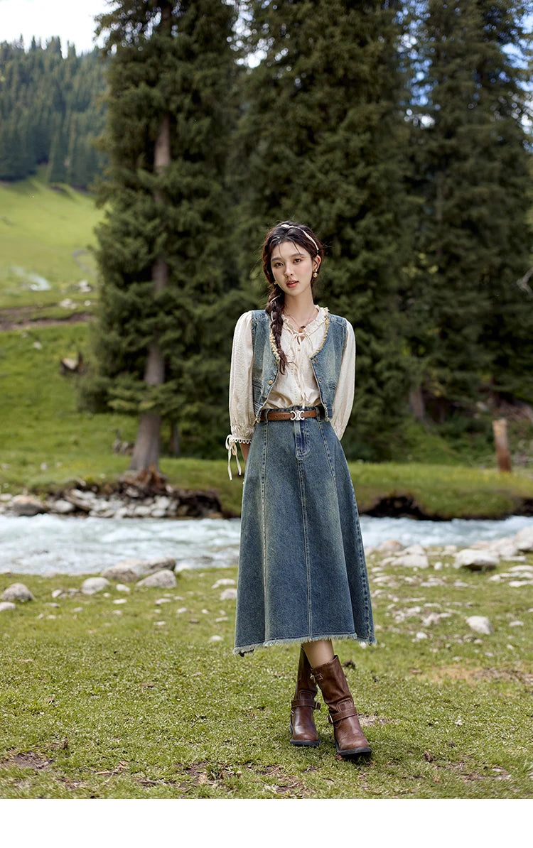 MISHOW Washed Hem Fringed Denim Midi Skirt 2024 Autumn Commuting Versatile A-line Long Skirt Retro Blue Casual Skirts MXD41B0453