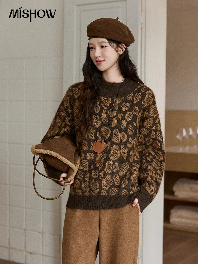 MISHOW Women's Color Block Geometric Leopard Jacquard Sweater Winter French Half Turtleneck Dropped Sleeve Knitwear MXE91Z2839