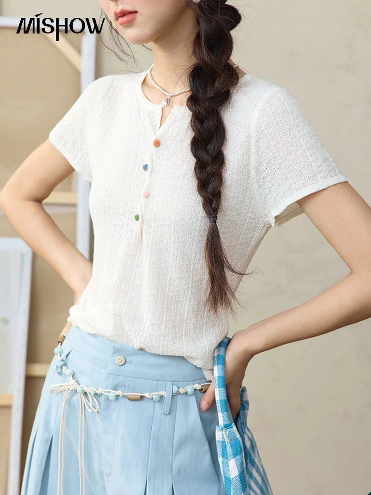 MISHOW Short Sleeved Knitted T-shirt for Women Summer 2025 Twisted Design Dopamine Button Tees Slim Breathable Top MXE34Z1243