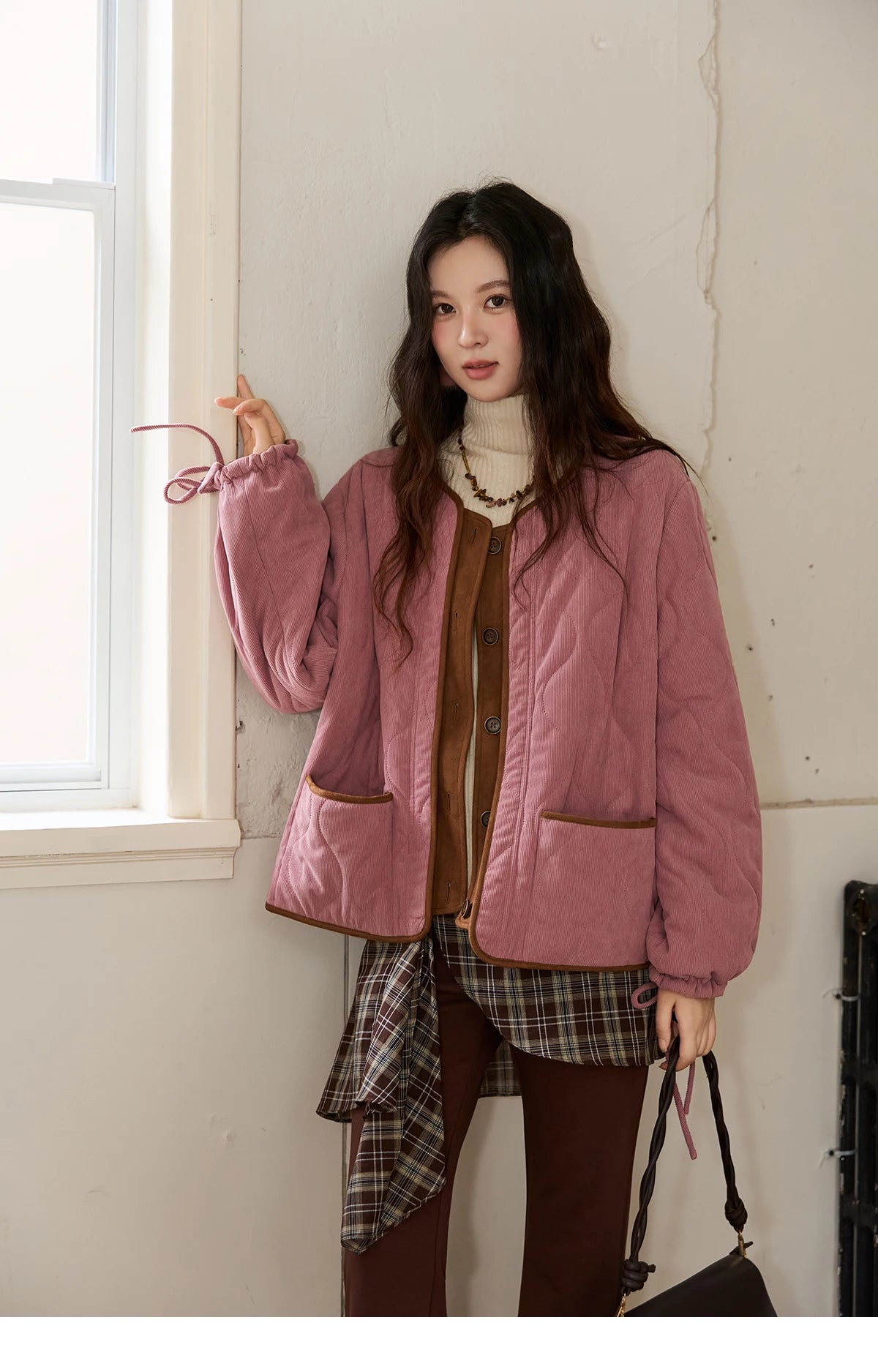 MISHOW Pink Purple Corduroy Jacket Women 2025 Winter Retro Gourd Pattern Pleated Cotton Splicing Suede Jacket Top MXE88W0882