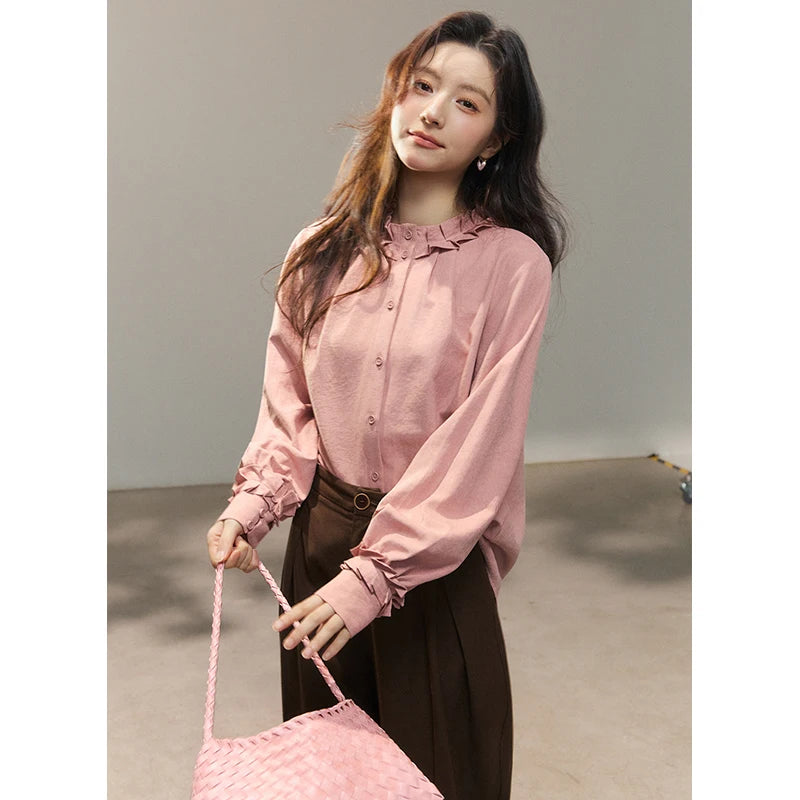 MISHOW Women's Peach Skin Solid Shirt 2026 Spring Ruffled Crew Neck Single-breasted Tops Casual Long Sleeve Shirts MXF11C2431
