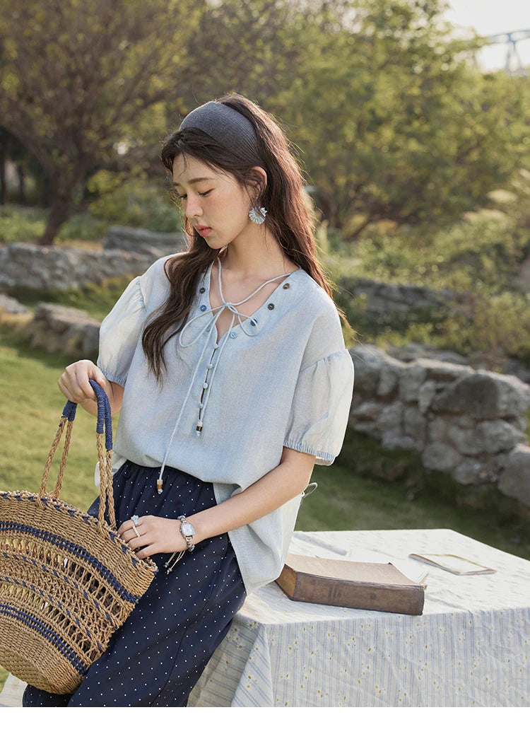 MISHOW French Summer Blouses Women Solid Short Puff Sleeve V-neck Lace-up Design Shirts Female Fashion Straight Tops MXE33X1743