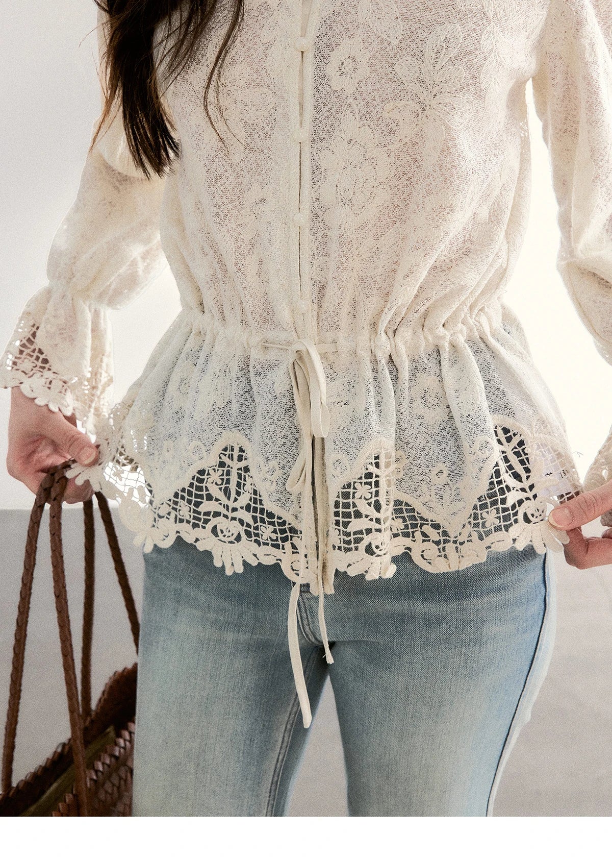 MISHOW Women's Lace V Neck Long Sleeve Shirts 2026 Spring Drawstring Waist Ruffled Hem Casual Loose Apricot Blouse MXF108X0998