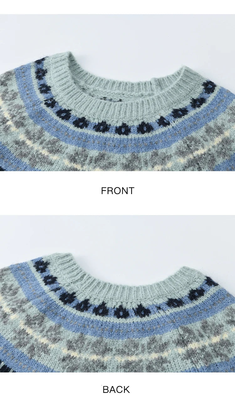 MISHOW Women's Blue Fair Isle Sweater 2025 Winter Geometric Jacquard Loose Retro Wool Blend Knit Pullovers Sweaters MXE87Z2767