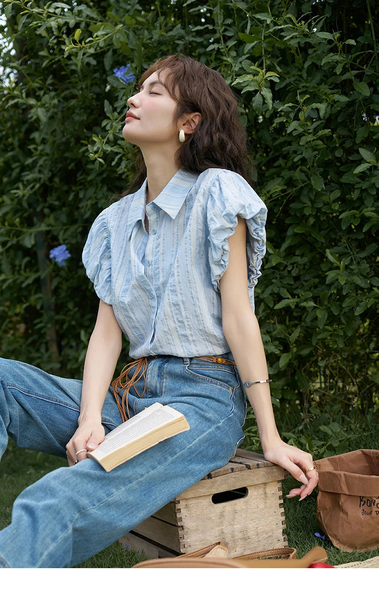 MISHOW Blue Striped Short Sleeve Shirt for Women Summer 2025 Bubble Flower Bud Sleeves Lapel Neck Shirt with Tube Top MXD24C0204