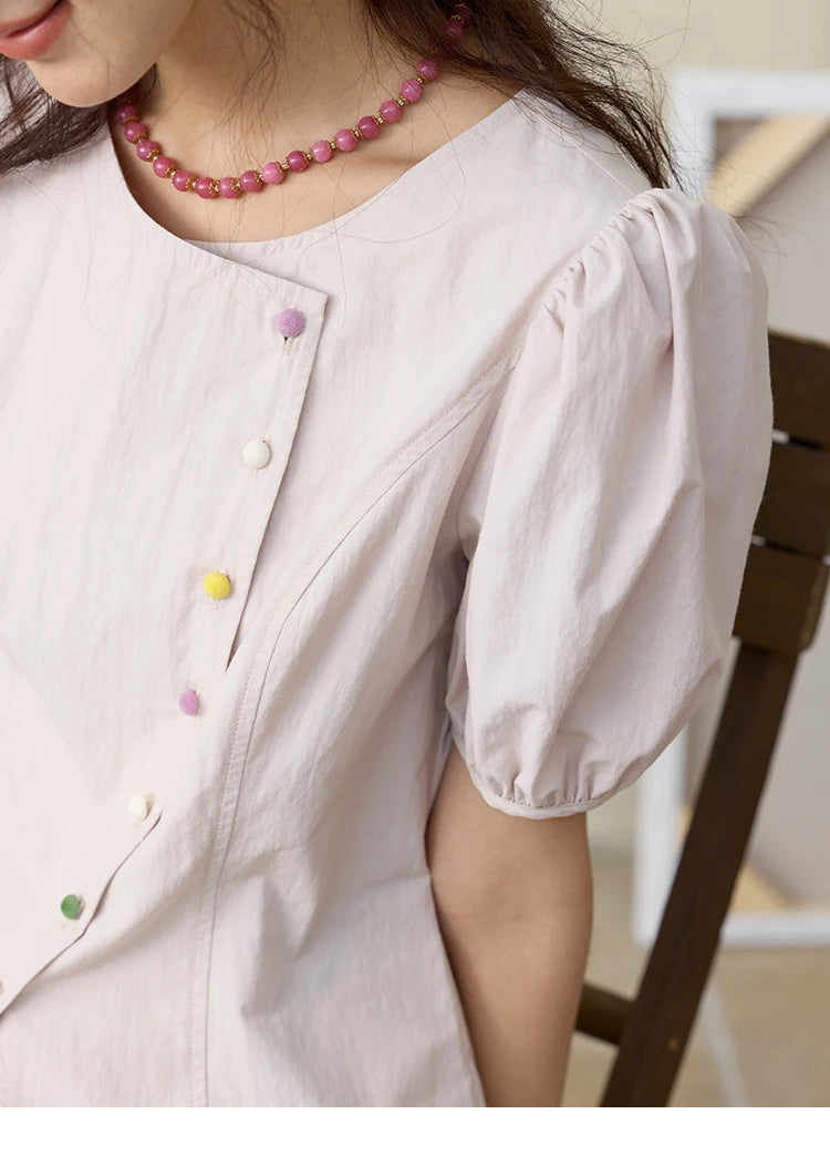 MISHOW Bubble Sleeves Blouses for Women Summer 2025 Irregular Placket Tops Rainbow Button Solid Blouse Office Lady MXE34X1782