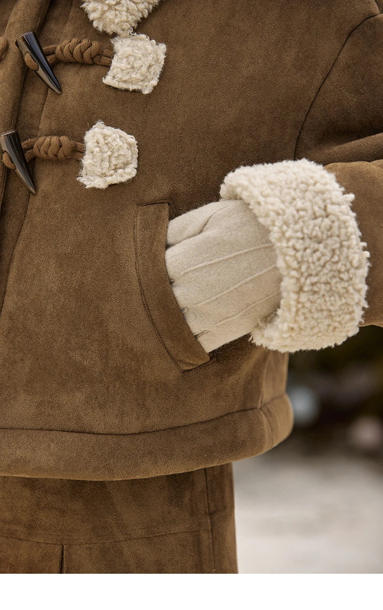 MISHOW Vintage Coats Midi Skirts Separately Brown Suede Plush Jacket Bull Horn Buckle Spliced Design Thick Warm Top MXD36W0500