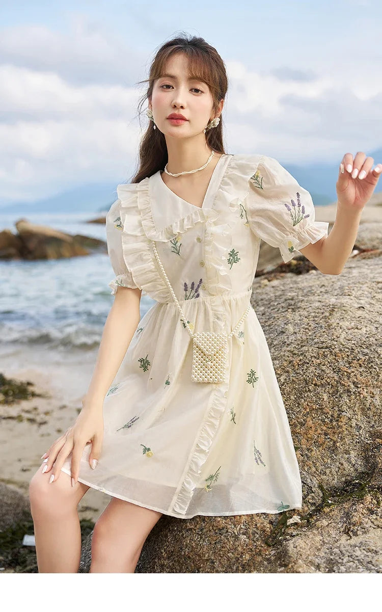 MISHOW Elegant Fairycore Embroidery Flower Dresses 2025 Summer A-line Flare Sleeve Ruffles Sweet Knee-Length Dresses MXC38L1518