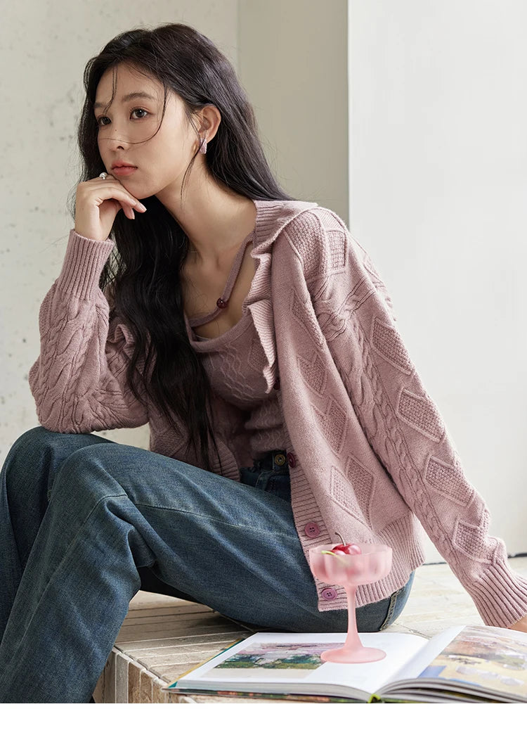 MISHOW Pink Knitwear Camisole Cardigan Separately 2024 Fall Fashion Sweet Knitted Vest Asymmetric Flounce Sweaters MXD45Z0781