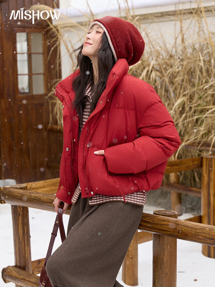 MISHOW Short Down Jacket Women 2025 Winter Fashion Blue Windproof White Duck Down Turn-down Collar Zippered Coat Warm MXE51Y0083