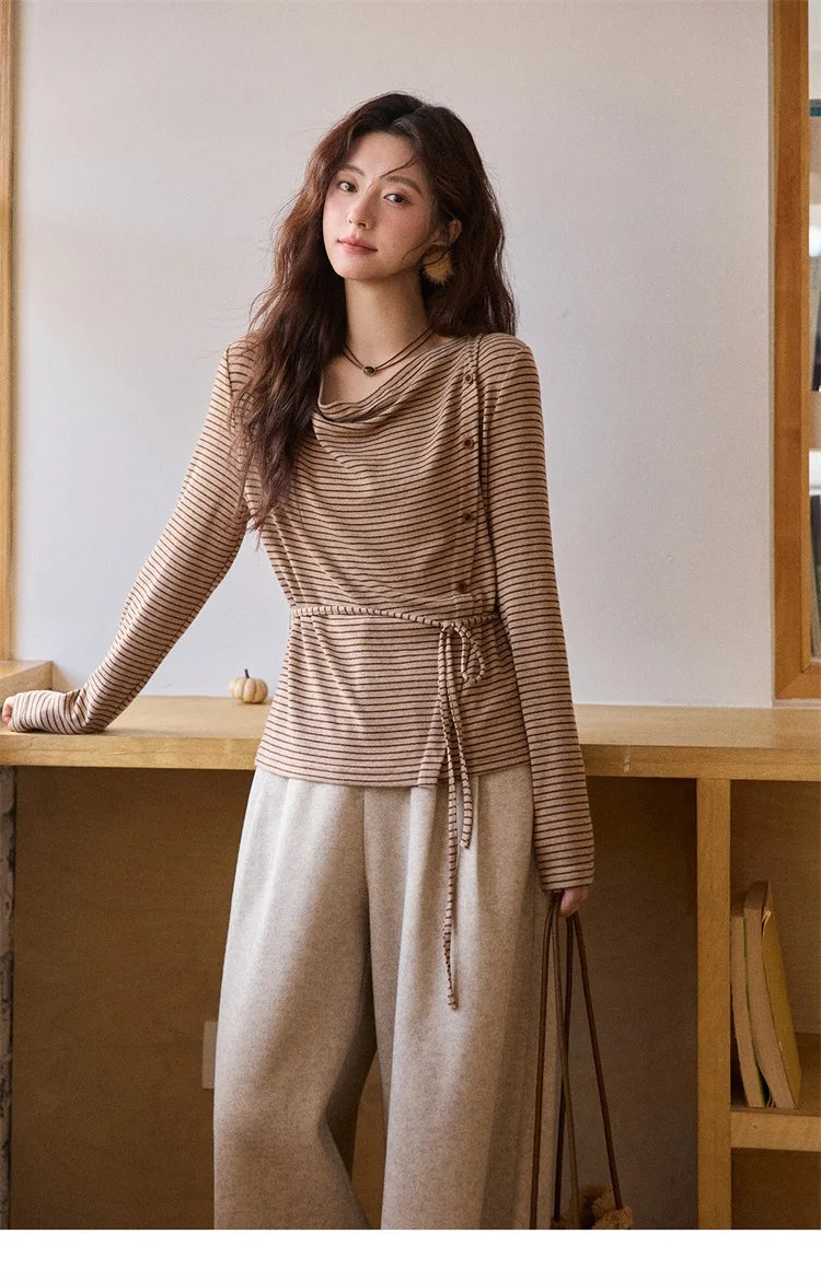 Mishow Retro Crew Neck Tie-Up Striped Top MXE87Z2700