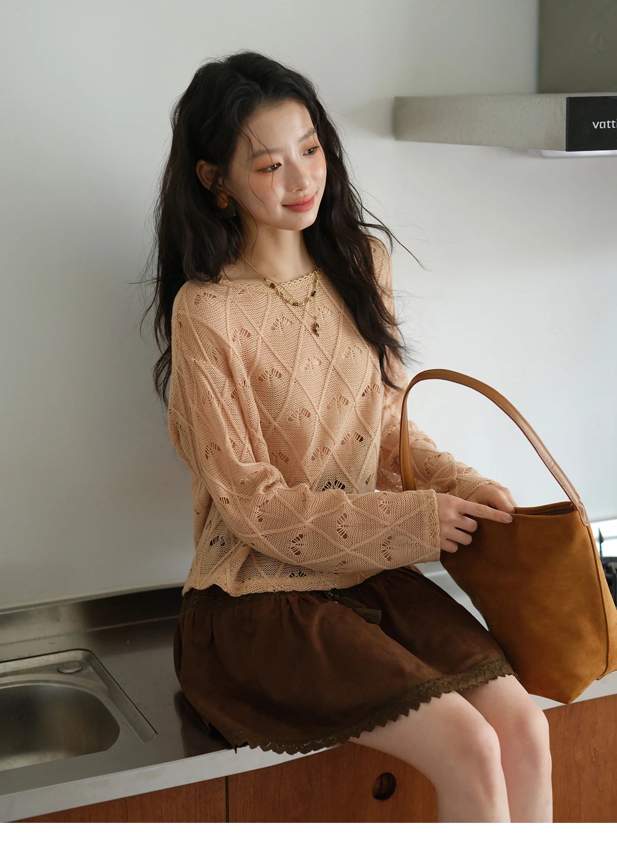 MISHOW Women's Diamond Patterned Knitted Top 2025 Autumn Bohemian Hollowed Out Thin Top Scoop Neck Knitted Sweaters MXE42Z1332