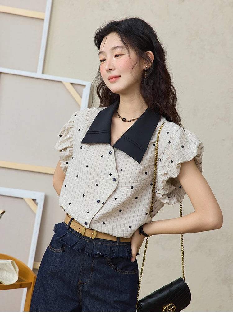 MISHOW Summer Office Lady Blouses Women 2025 Short Sleeve Turn-down Collar Polka Dot Shirts Female Fashion Slim Tops MXE31C0776