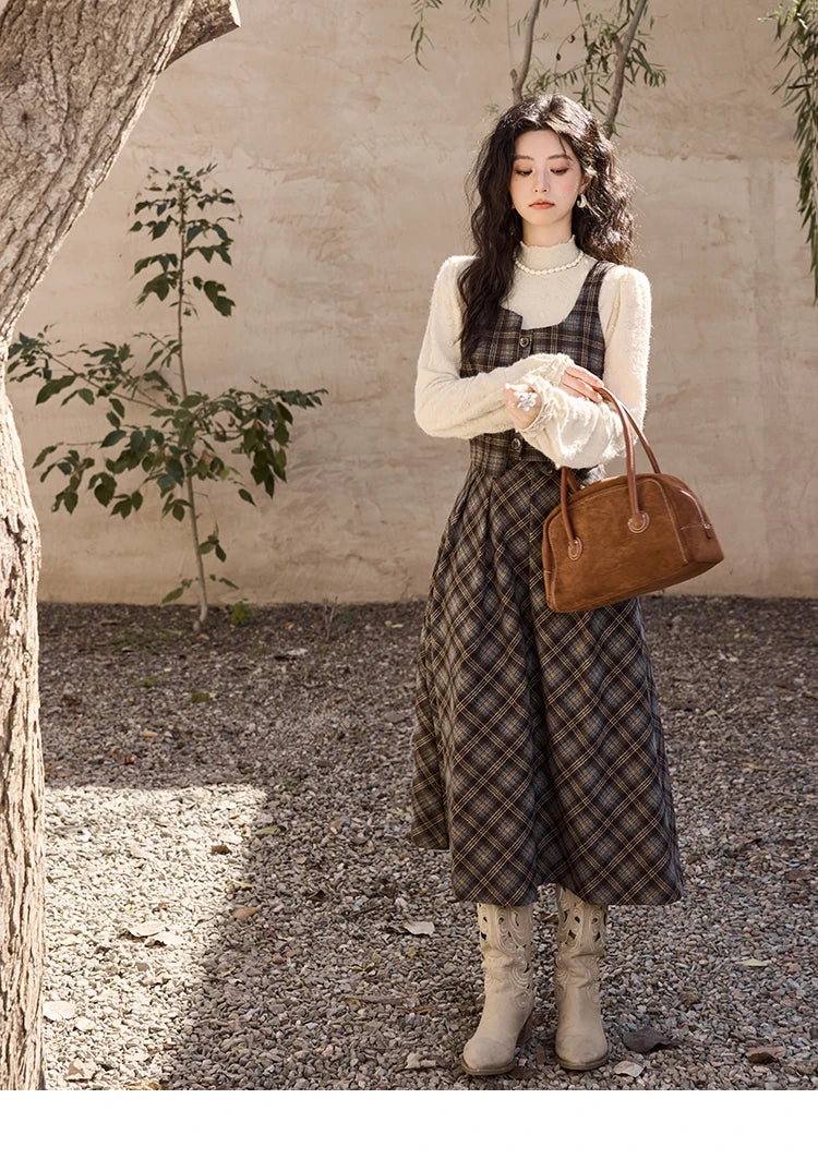 MISHOW Blue Plaid Vest Retro Skirt Separately Women 2024 Winter Retro Plaid Irregular Square Collar Top Midi Skirt MXD44W0454