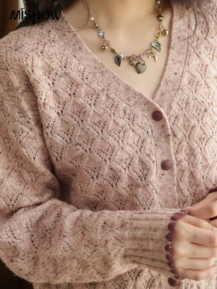 MISHOW Colorful Dot Wool Knitted Cardigan 2025 Autumn Hem Cuffs Shell Embroidery Tops Hollow Argyle Pattern Sweater MXE44Z1364