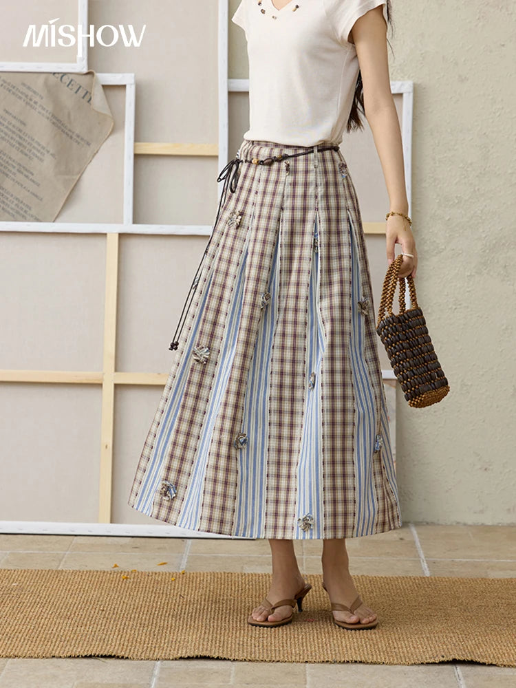MISHOW Retro Plaid Patchwork Pleats Skirt Summer 2025 Versatile Flowers Slim Skirt A-LINE Skirts Excluding Waist Belt MXE35B0726
