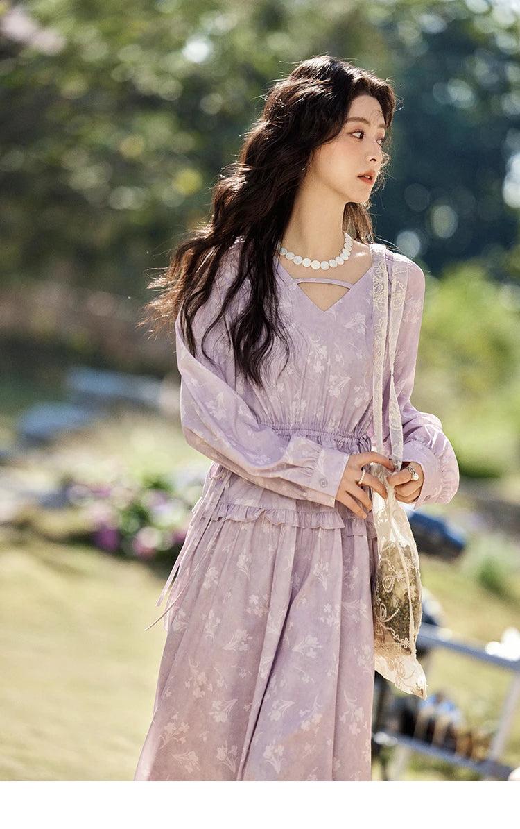 MISHOW Elegant Black Fungus Edge Dress for Women Spring 2025 Floral Lace-up Waist Dresses Long Sleeved Cake Dress MXE13L2101