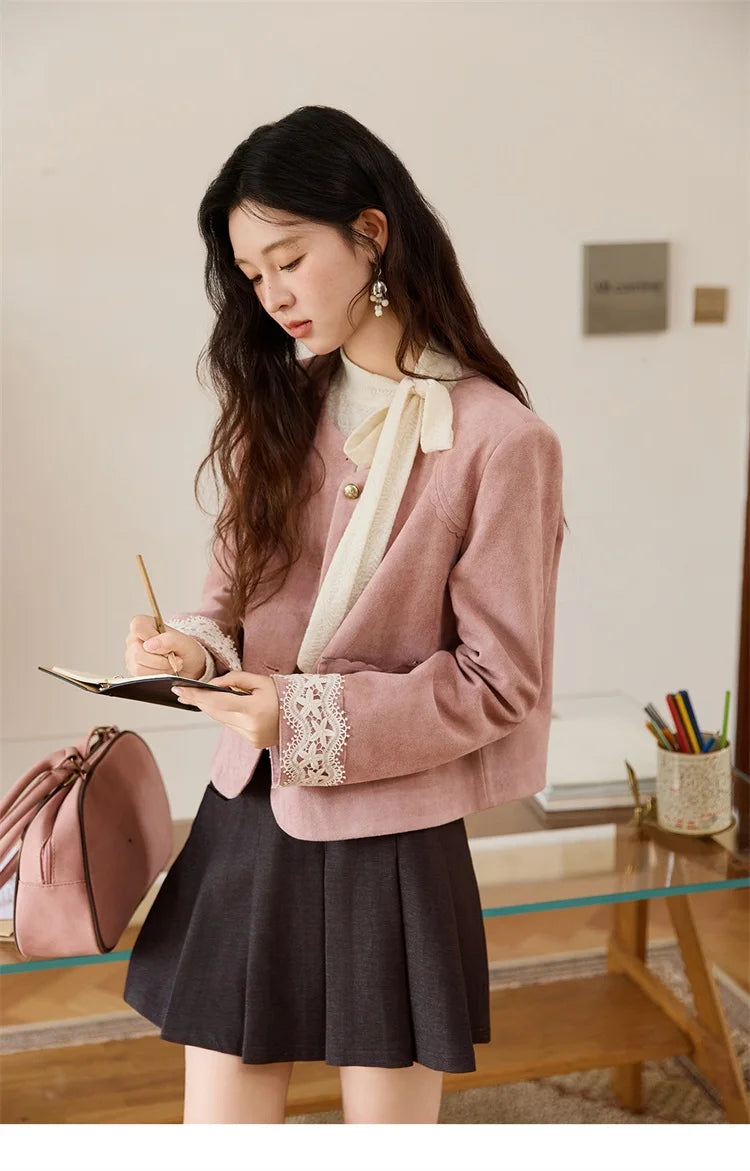 MISHOW Fragrant Suede Jacket for Women Autumn 2025 Cuffs Hollowed Out Lace Short Coats O-neck Metal Button Jackets MXE46W0839