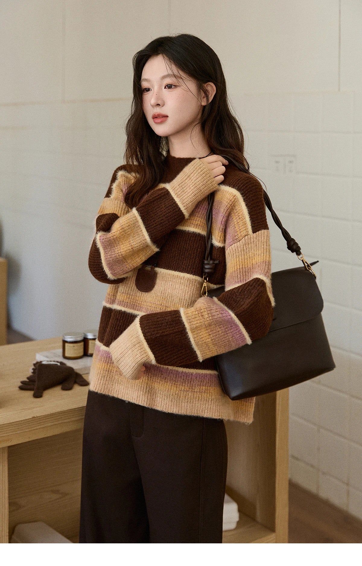 MISHOW Women's French Striped Gradient Sweater 2025 Winter Faux Mink Fleece Sweater Thick Casual Warm Knitted Top MXE94Z2891