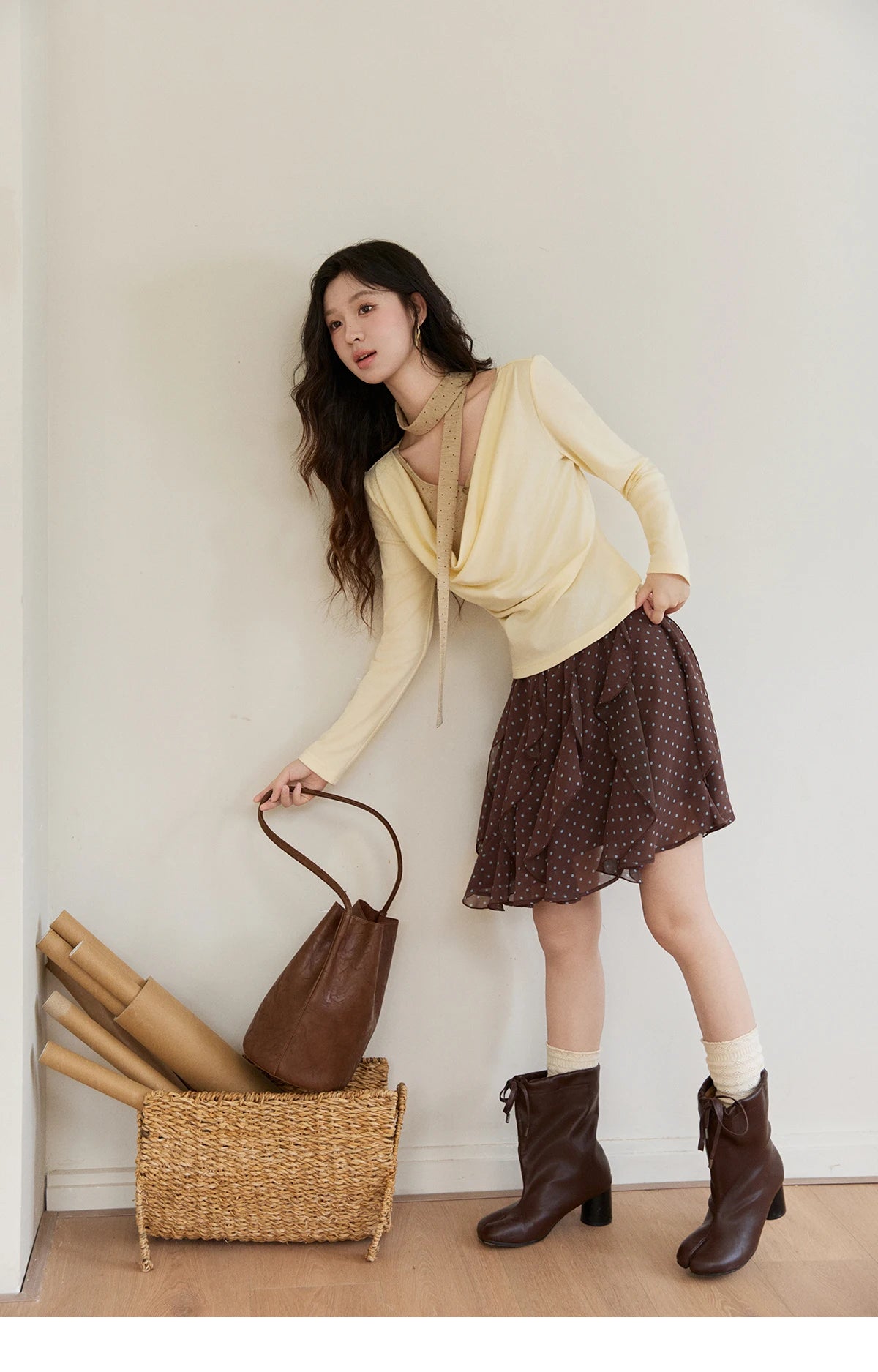 MISHOW Women's Wool Blend Fake Two Piece Draped Neck Knit Top 2026 Spring Wave Point Ribbon Contrast Color Casual Top MXF13Z2977