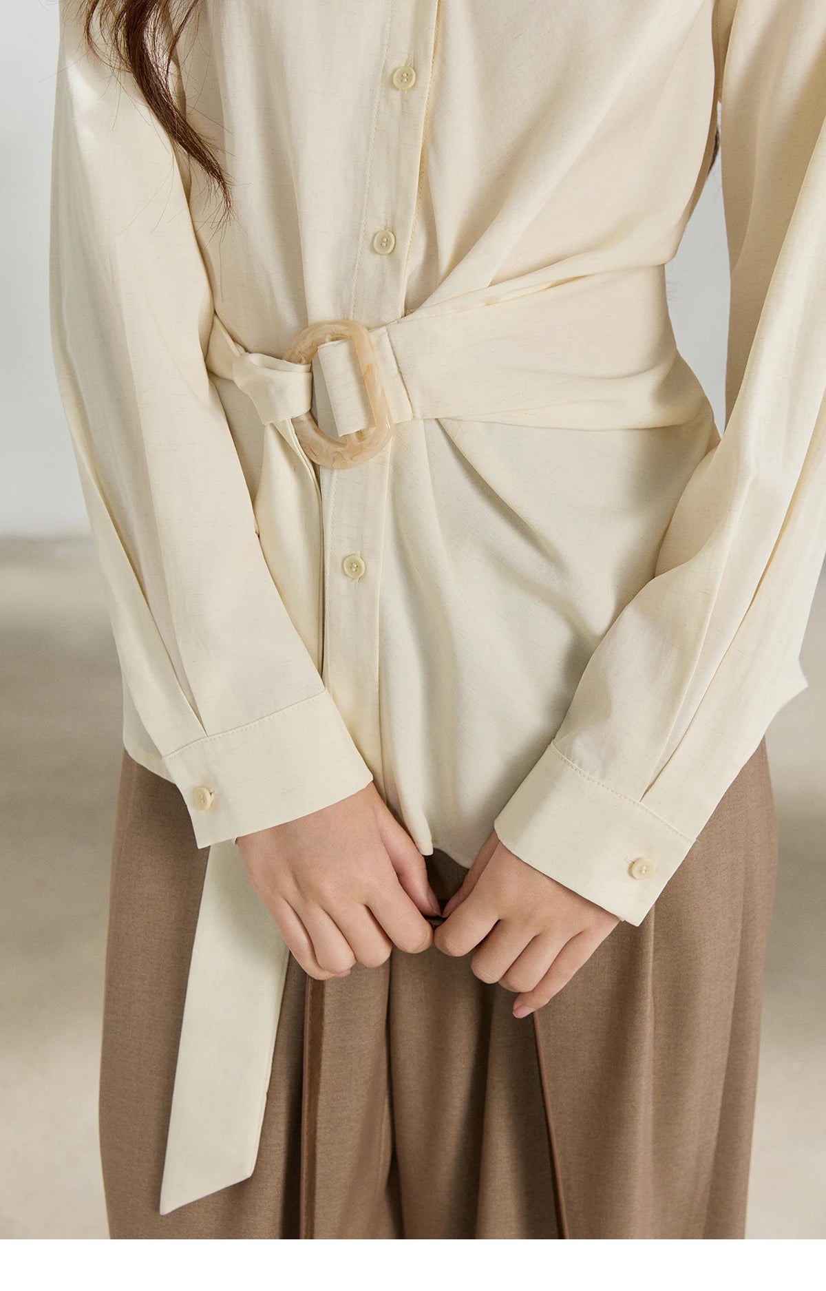 MISHOW Women's Lapel Collar Long Sleeve Shirt 2026 Spring with Belted Waist Casual Loose Soft Beige Shirt Office Lady MXF13C2452