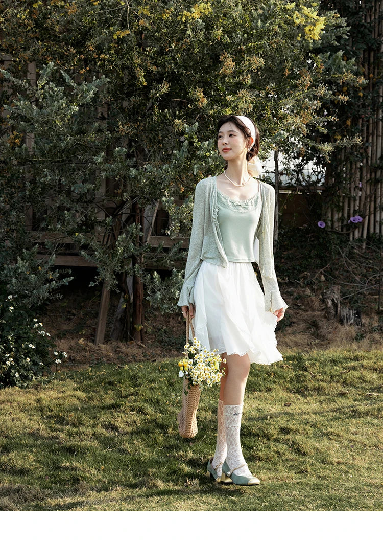 MISHOW Light Green Camisole Knit Cardigan Two-piece Set Spring Summer 2025 Lace Bow Camisole V-neck Cardigan Sets MXE15T0504