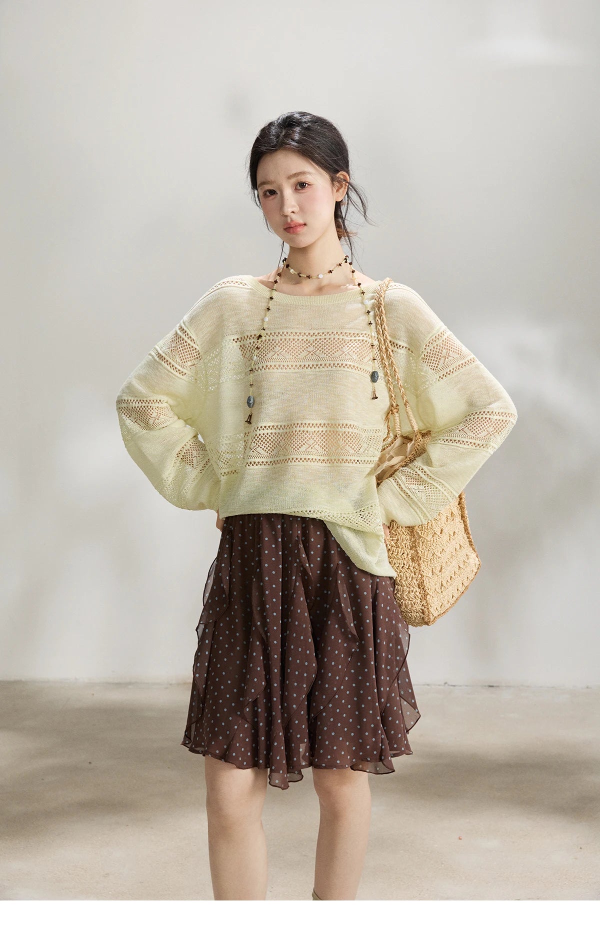 MISHOW Women's Pale Yellow Knit Top 2026 Spring Crew Neck Hollow Out Striped thin tops Casual Loose Sheer Sweater MXF13Z3020