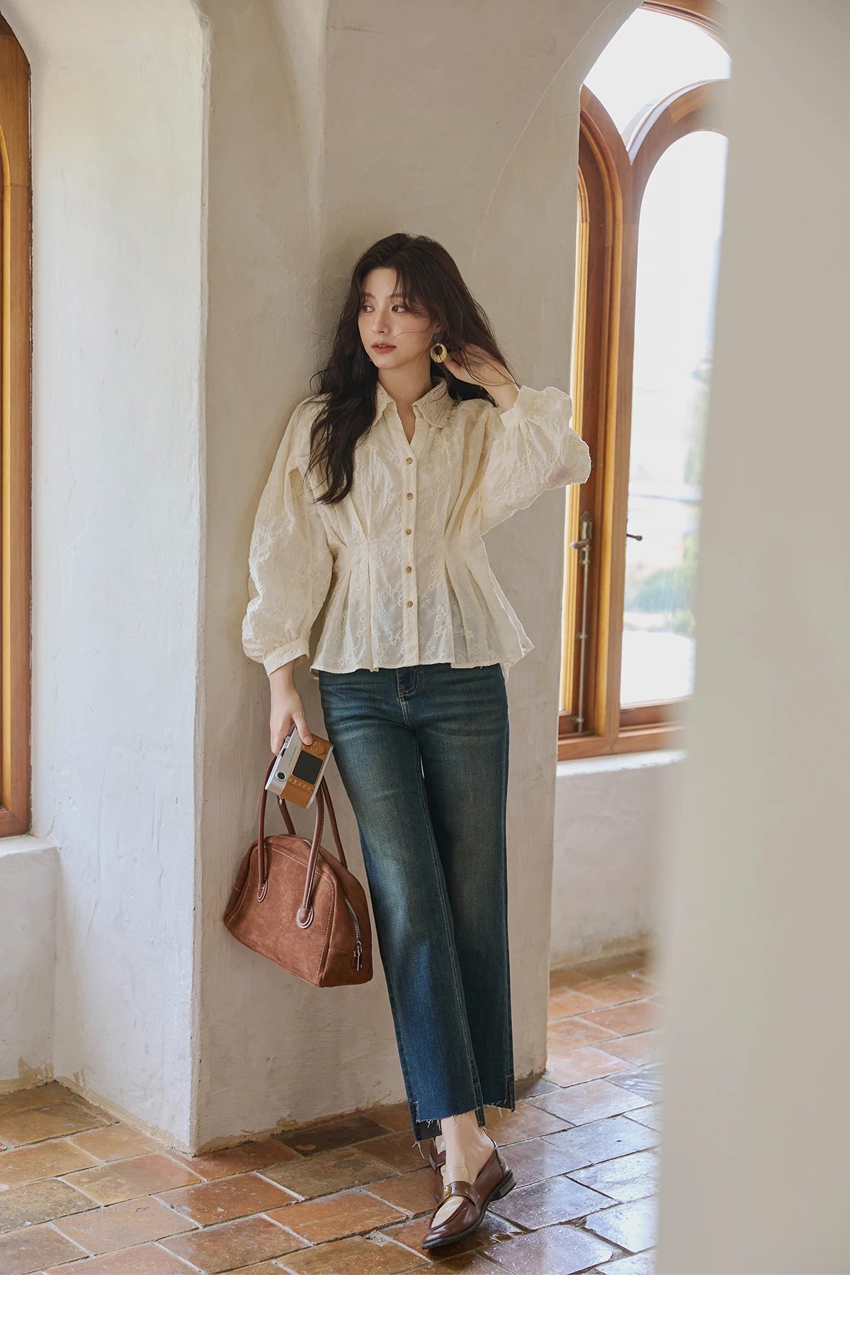 MISHOW Women's Lantern Sleeve Blouse 2025 Autumn French Lace Hollow Out Lapel Collar Shirts Waist Hem Ruffle Tops MXE42C2372