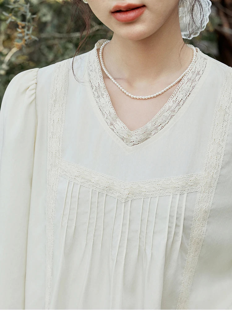 MISHOW Women's Lyocell Blouse 2025 Spring Summer Lace V-neck Commuting Top Puff Sleeve Solid Loose Blouse Office Lady MXE15X1735