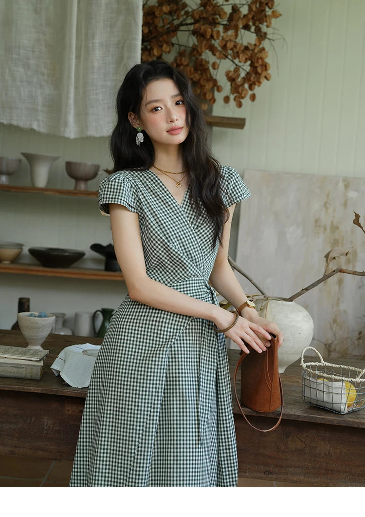 MISHOW Women's Fashion V-neck Dress 2025 Summer Office Lady Plaid Waist Cinched Sashes Short Sleeve Female Dresses MXE39L2410