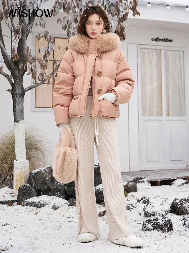 MISHOW Women's Winter Fur Collar Down Jacket 2024 Fashion Loose High Quality Hooded Short Down Coats Zipper Outwear MXC55Y0020
