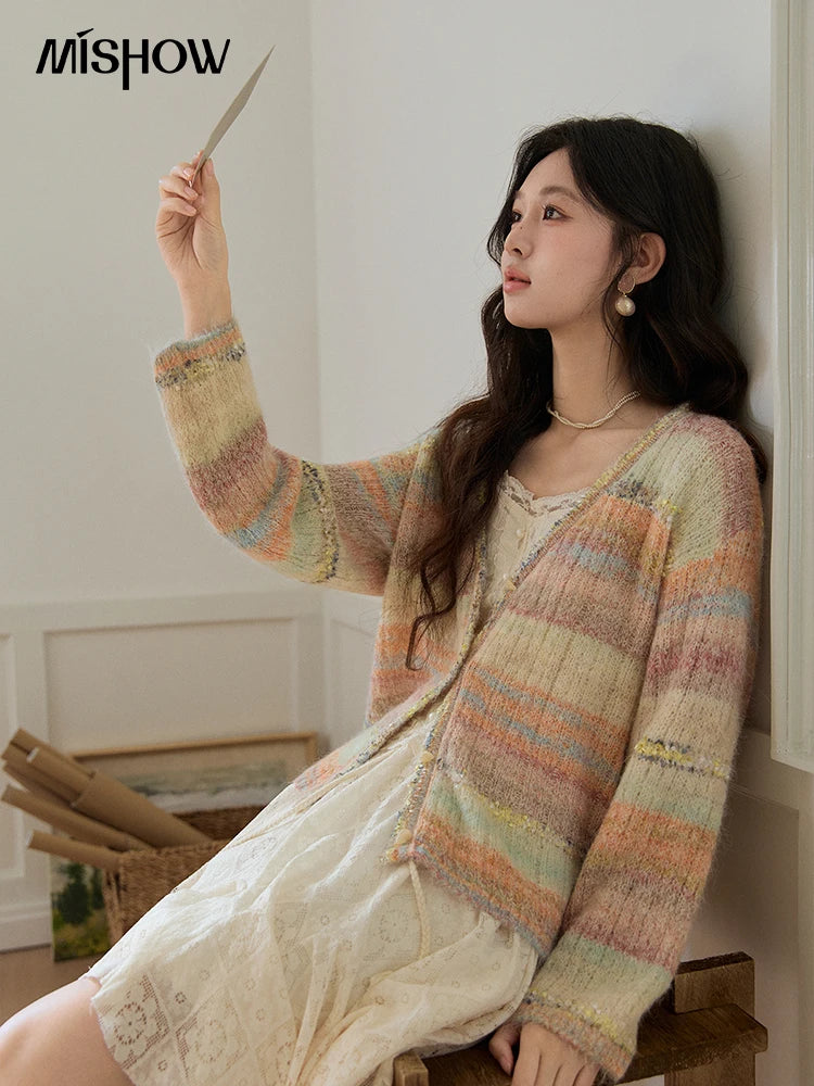 MISHOW Women's Gradient Striped Knit Cardigan 2026 Spring V Neck Single Breasted Casual Thin Soft Rainbow Sweater MXF13Z3019