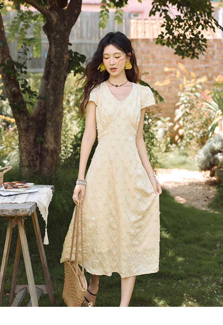 MISHOW Women's V-neck Lace Spliced Dress 2025 Summer New Embroidery Vacation French Style Jacquard Mid-Length Dresses MXE38L2378