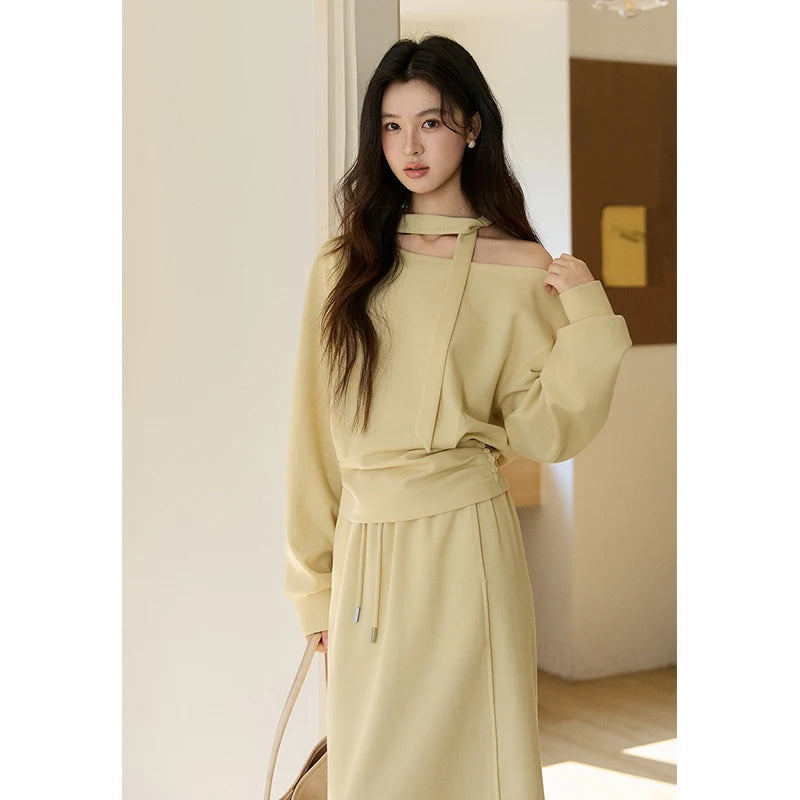 MISHOW Women's Light Yellow Two-Piece Set Asymmetrical Off-shoulder Pullover Top Rear Fork Midi Skirt Set with Ribbon MXE11T1489