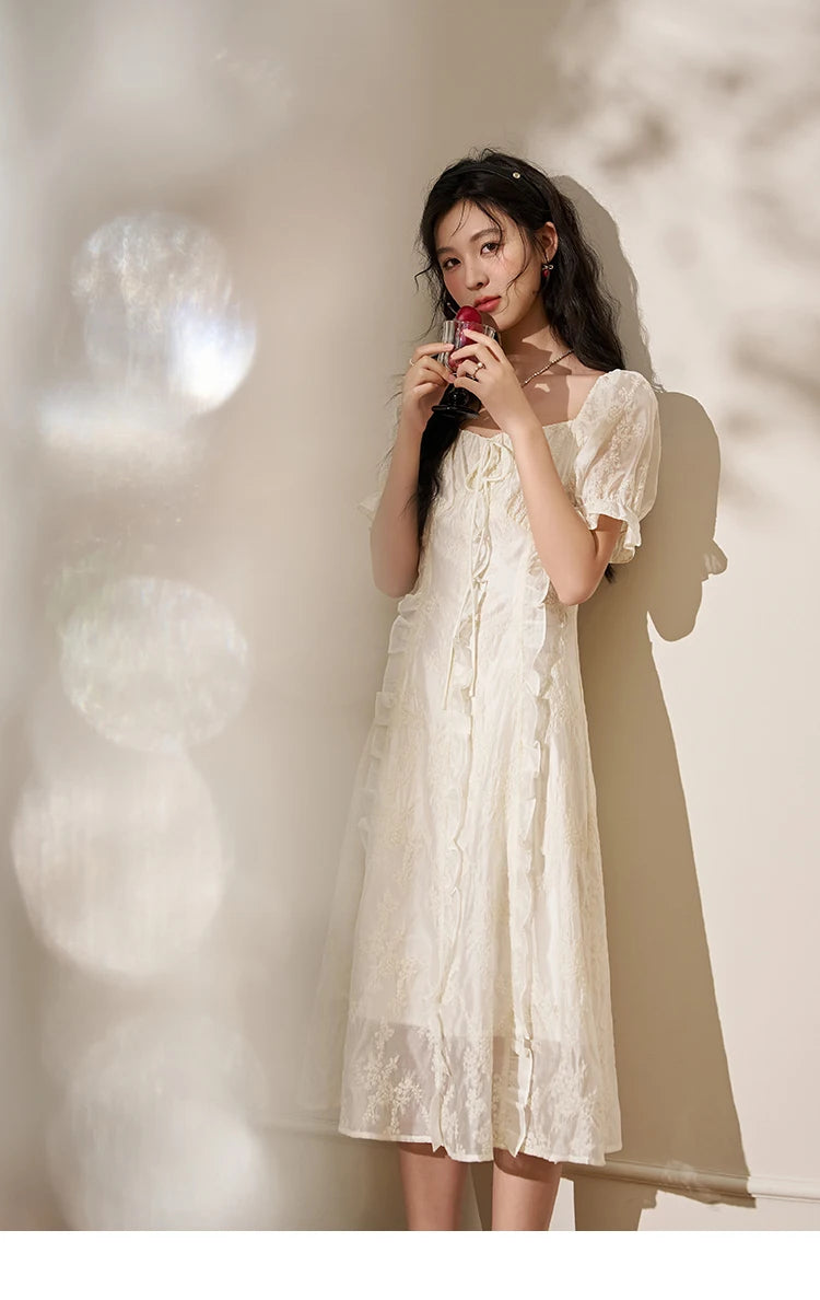 MISHOW Square Neck Vertical Stripe Ruffle Edge Dress 2025 Summer Tea Break French Bubble Sleeve Vacation Long Dresses MXD27L1808