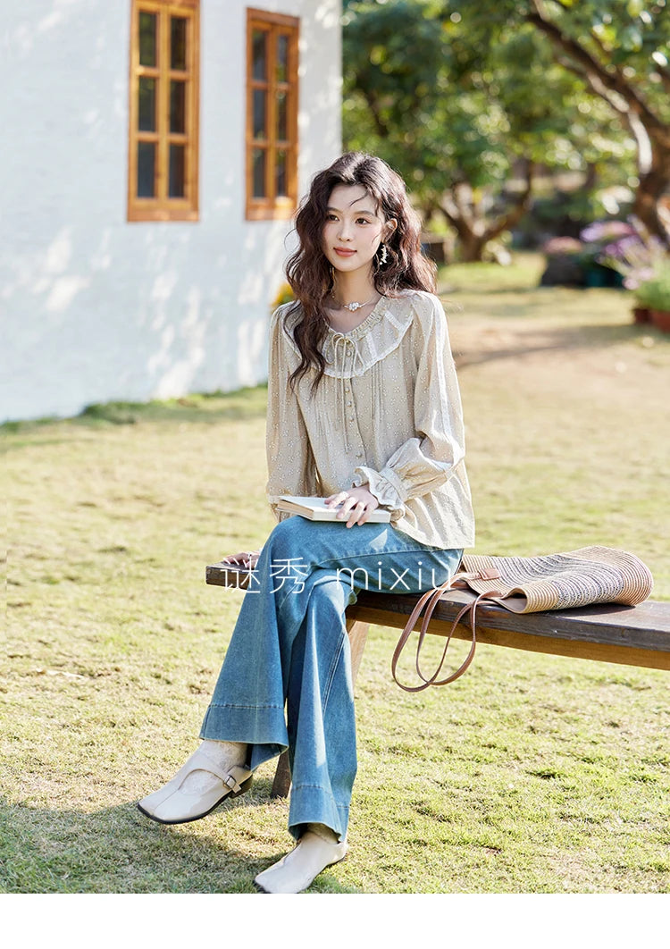 MISHOW Women's Floral Round Neck Shirts 2025 Spring Ruffled Collar Commuting Top Sweet Petal Sleeve Lace-up Shirts MXE14X1729