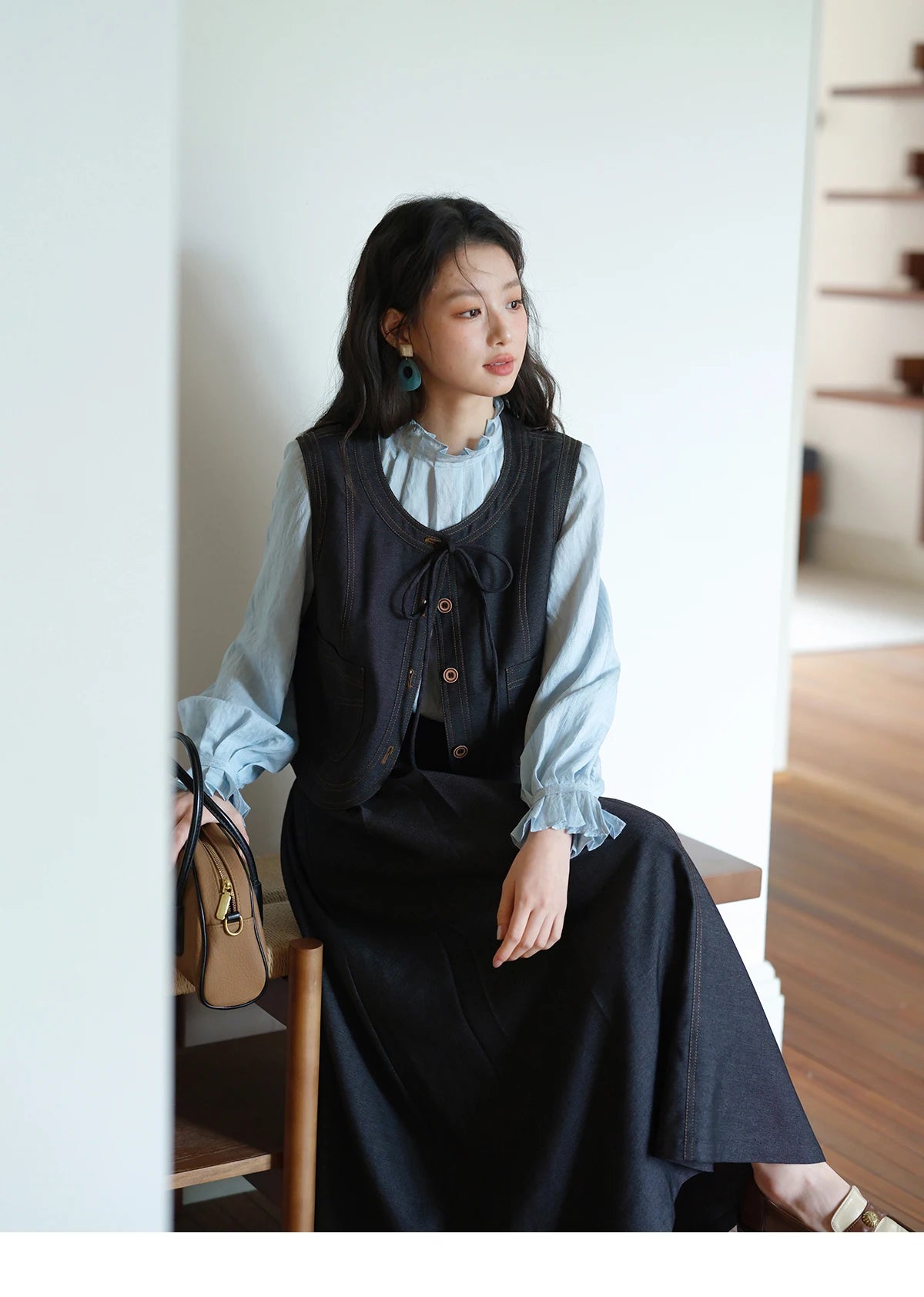 MISHOW Deep Blue Imitation Denim Vest Coat 2025 Autumn Round Neck Lace-up Coat Contrasting Button Single Breasted Top MXE41W0797