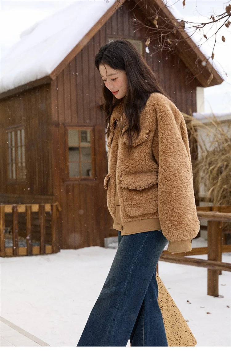 MISHOW Faux Lambskin Coat Women 2025 Winter Retro Turn-down Collar Brown Coat Office Lady Loose Warm Casual Jackets MXE89W0896