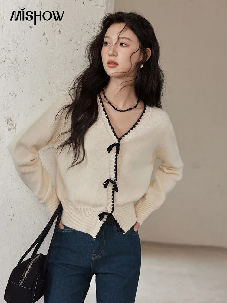 MISHOW Simple Knitted Cardigan Women V-Neck Single Breasted Bow Sweater Jacket Elegant French Long Sleeve Knitted Top MXD34Z0938