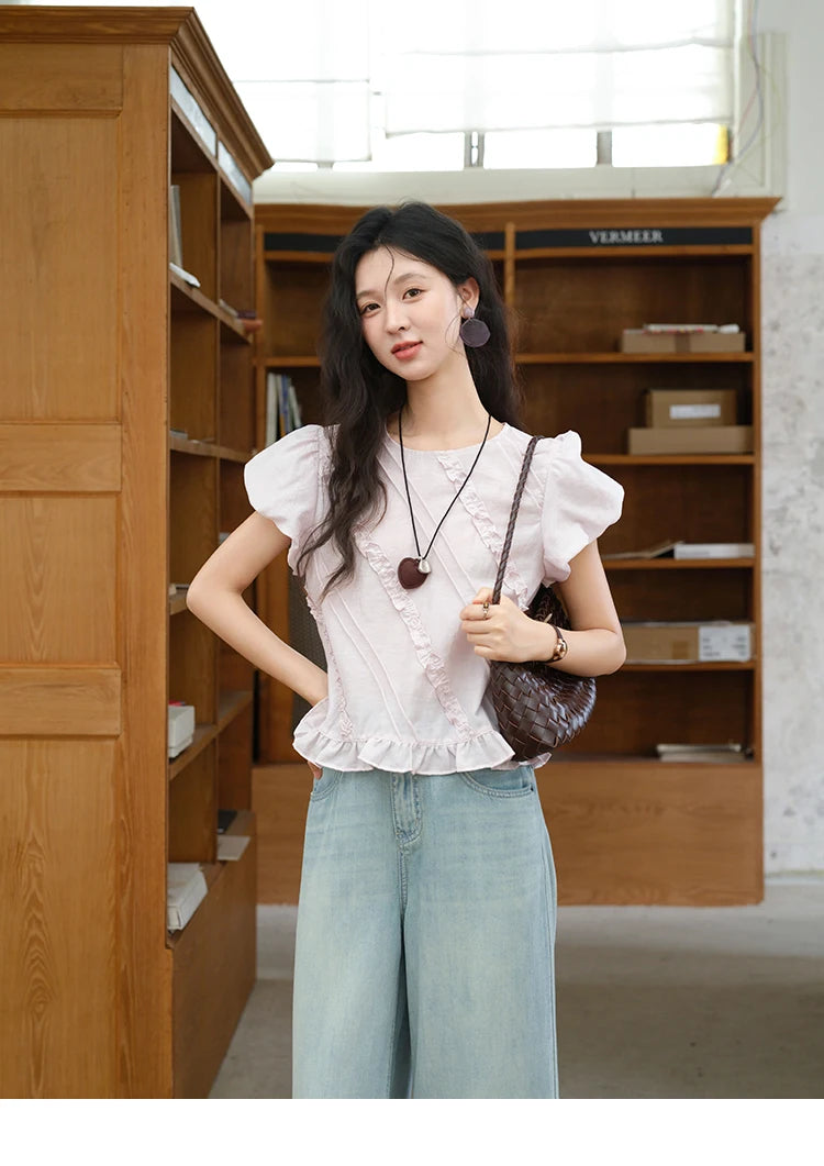 MISHOW Fashion Fungus Edge Puff Sleeve Blouses for Woman 2025 Summer O-Neck French Sweet Loose Top Ladies Clothing MXE39X1941