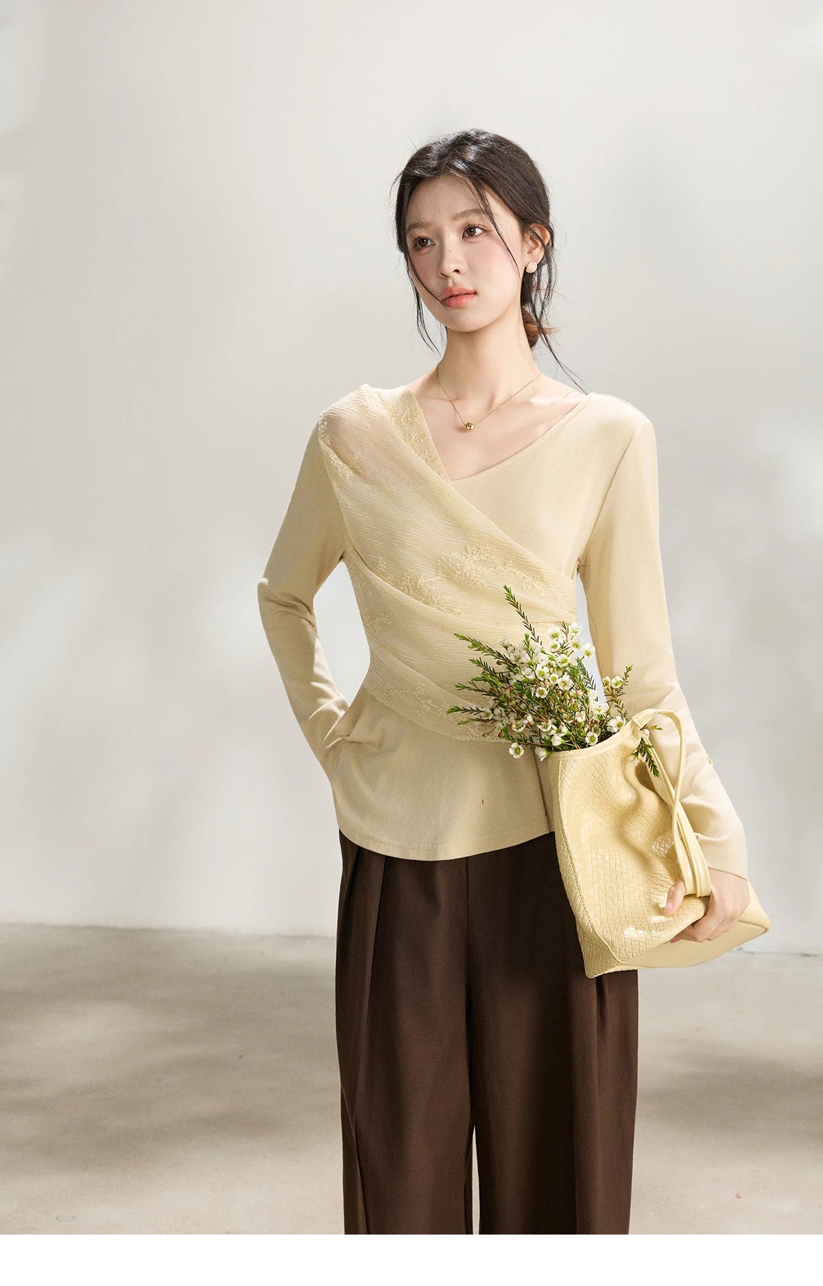 MISHOW Women's Asymmetric Lace Patchwork Tops 2026 Spring V Neck Long Sleeve Top Ruched Waist Ruffled Hem Casual Tees MXF11Z2942