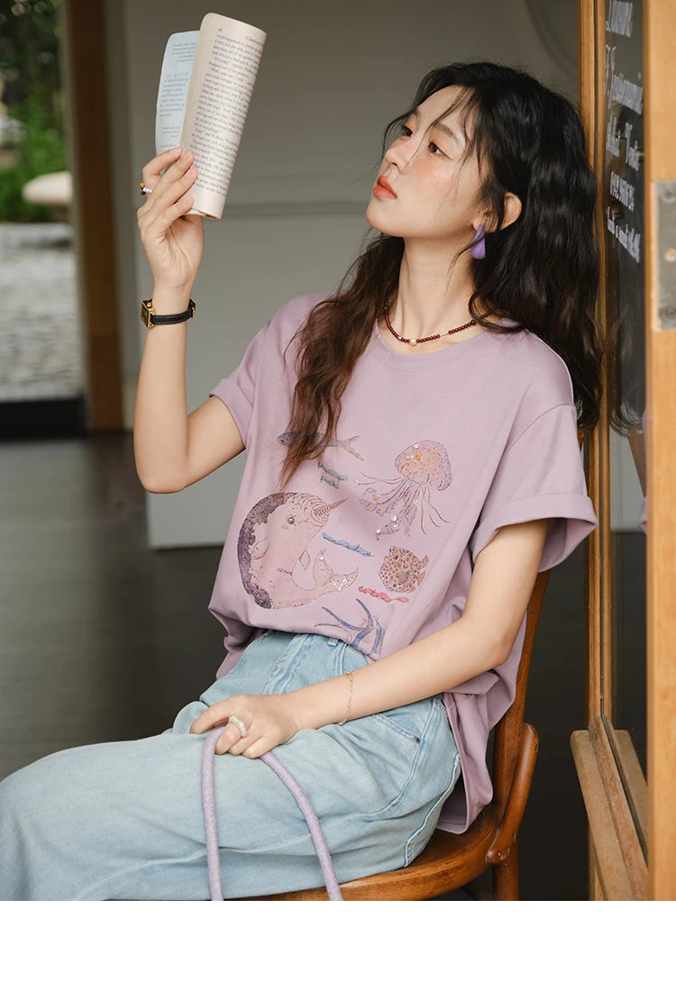 MISHOW Fashion Print T-shirts for women 2025 Summer New O-Neck Loose Casual Short Sleeve Cotton Top Female Clothing MXE36T0575