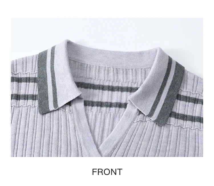 MISHOW Striped Knitted Tops for Women Spring 2025 Contrast Color Striped Slim V-neck Trumpet Sleeves Commuter Outfit MXE13Z1141